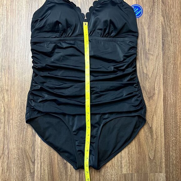 Swimsuits For All NWT One‎ Piece Halter Scallop V Neck Ruching Black Womens 14 - Picture 3 of 8